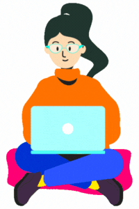 Animated illustration of a writer typing away on a laptop