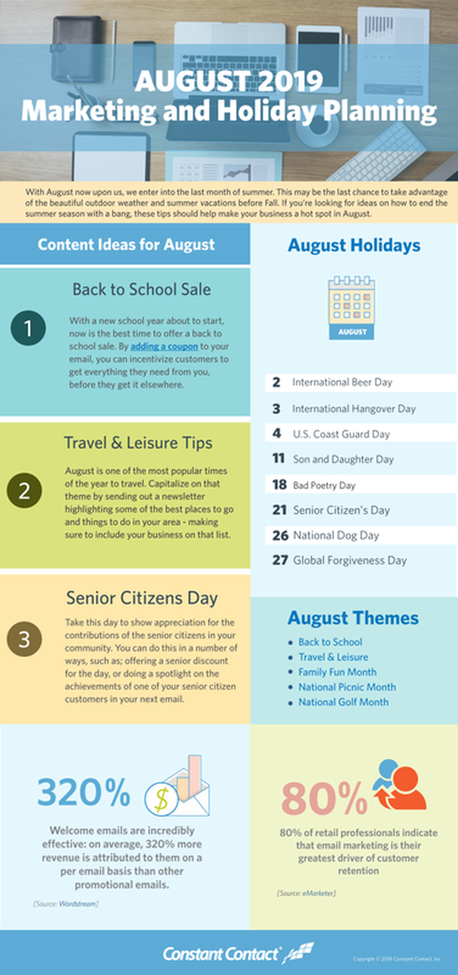 Constant Contact Infographic on August Email Marketing Ideas. See text below for content covered in the image. 