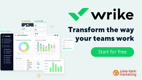 Wrike logo and screenshots of their project management tool click to start for free